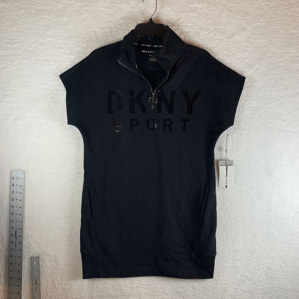 DKNY Sport Dress Women's XS Black Cotton Pockets Quarter-Zip Cap Sleeve 7695